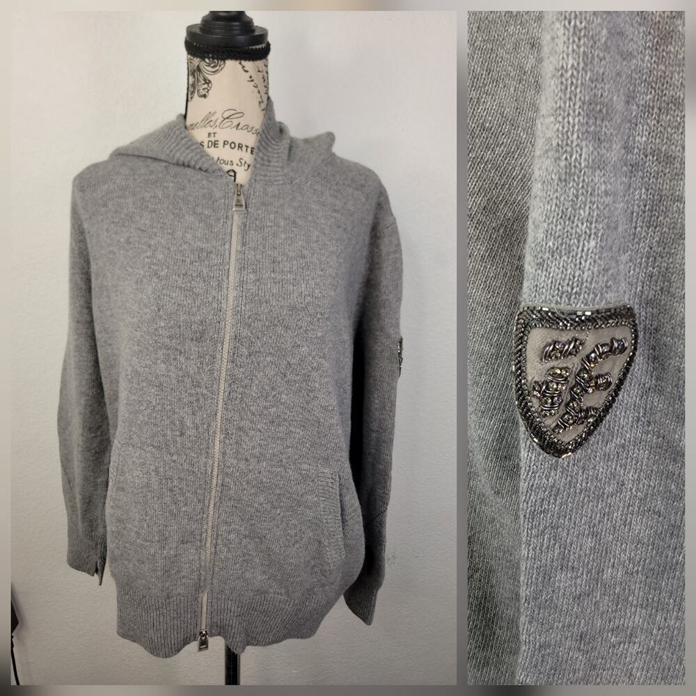Ermanno Scervino Emblem Sweater M Merino Wool Cashmere Hooded Long Sleeves Gray